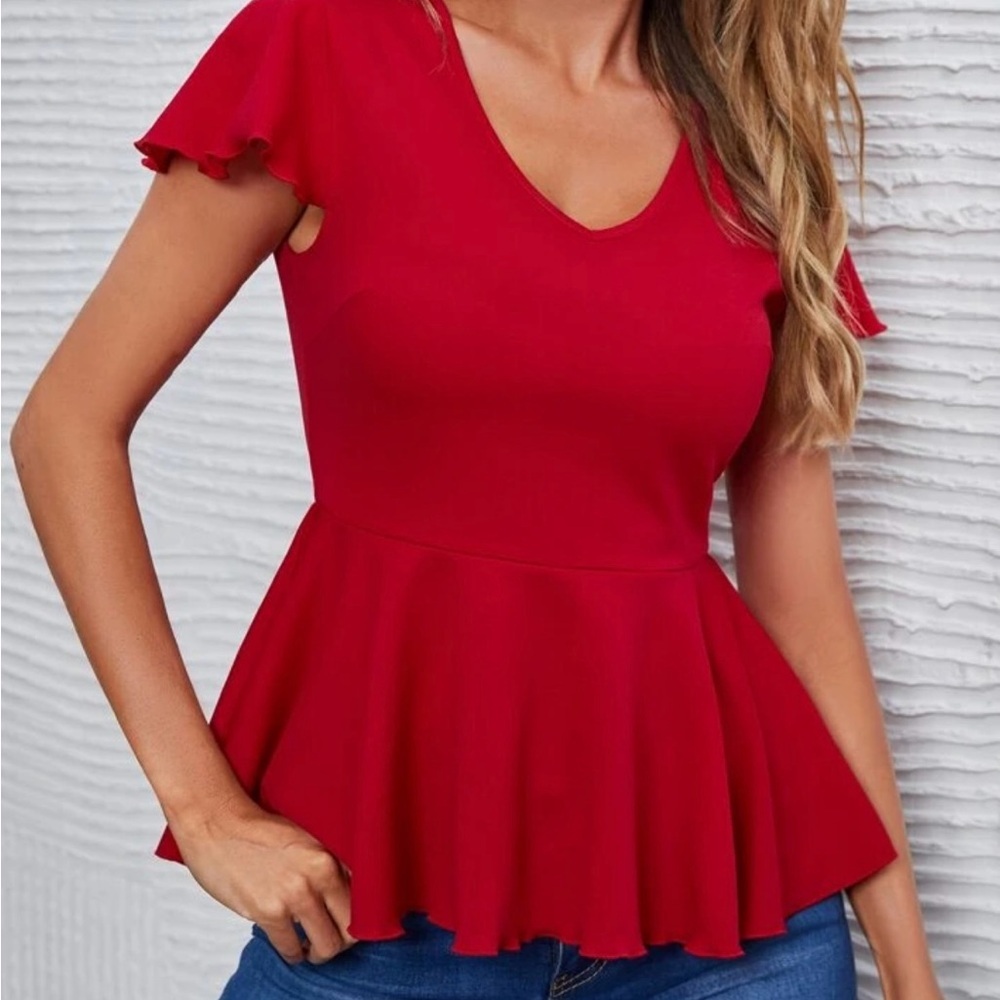 Red Peplum Blouse with Short Sleeves